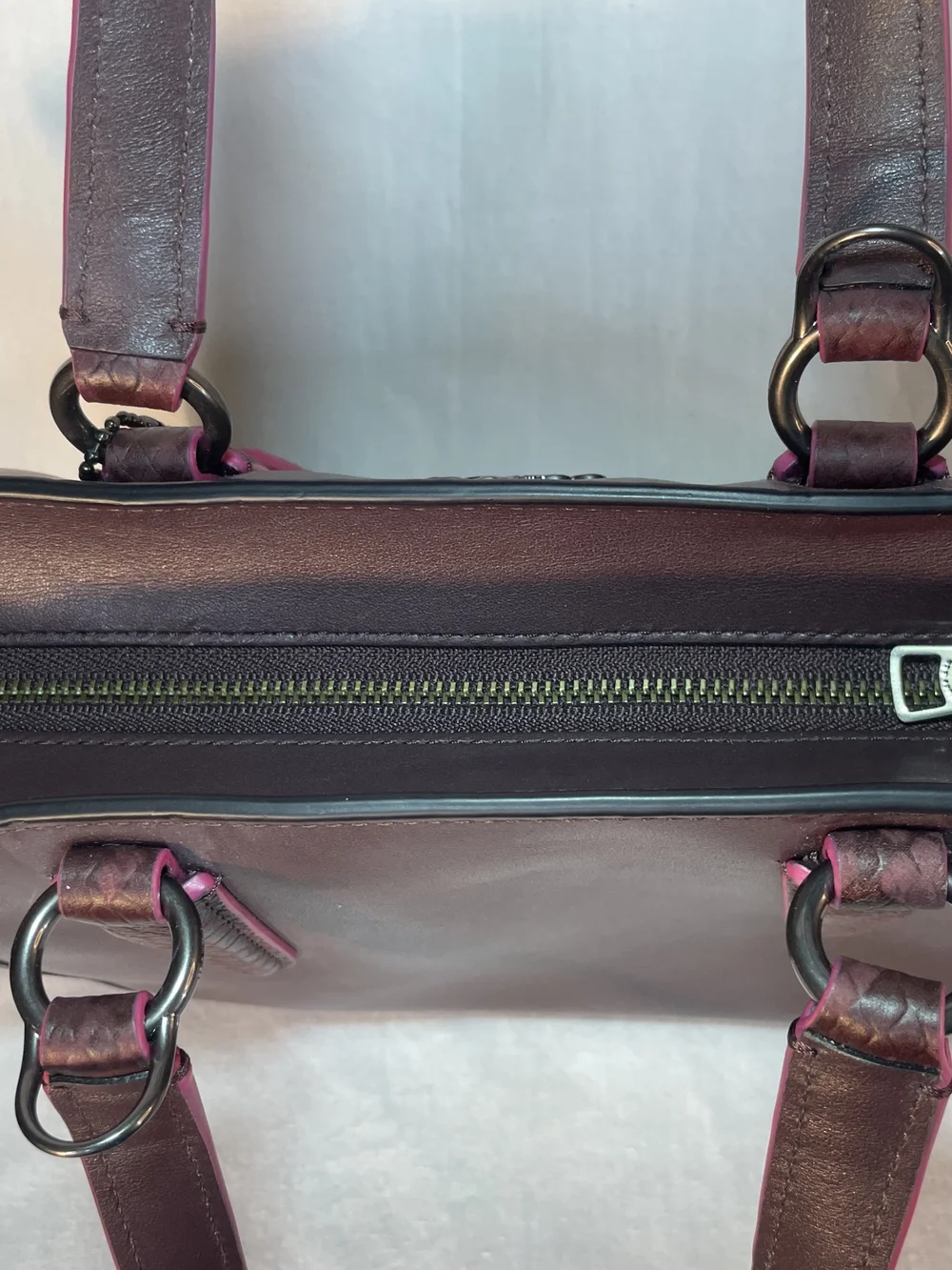 Coach Crosby Carryall 21 Burgundy Leather Shoulder Tote with Pink Trim  F20894